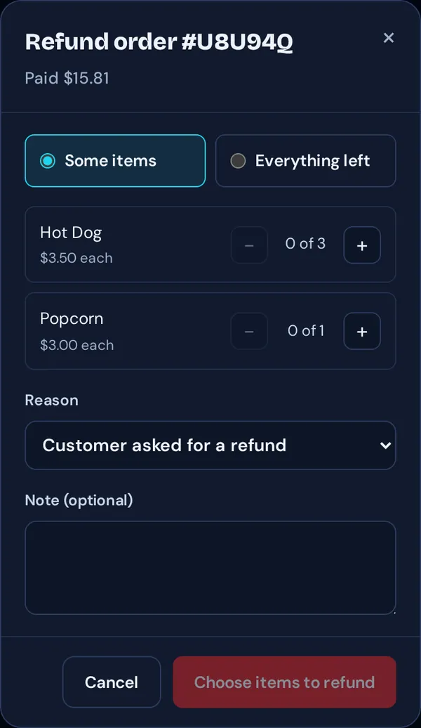Refund order: Some items or Everything left, item quantities and a reason