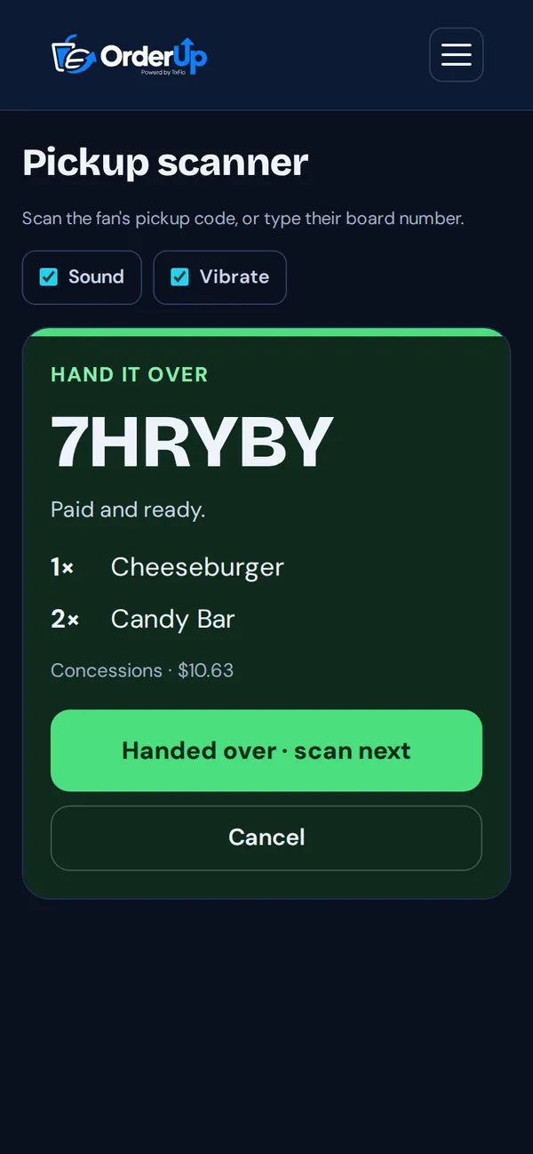 HAND IT OVER: order 7HRYBY, paid and ready, with Handed over · scan next