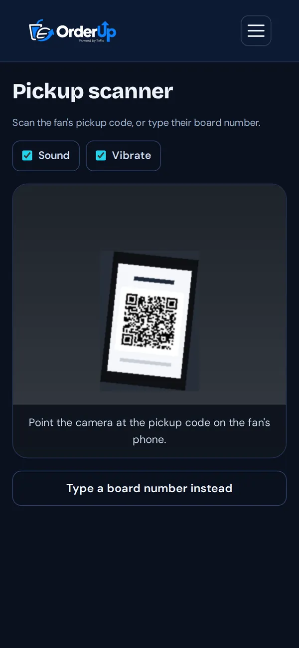 Pickup scanner, pointing the camera at the pickup code on the fan’s phone