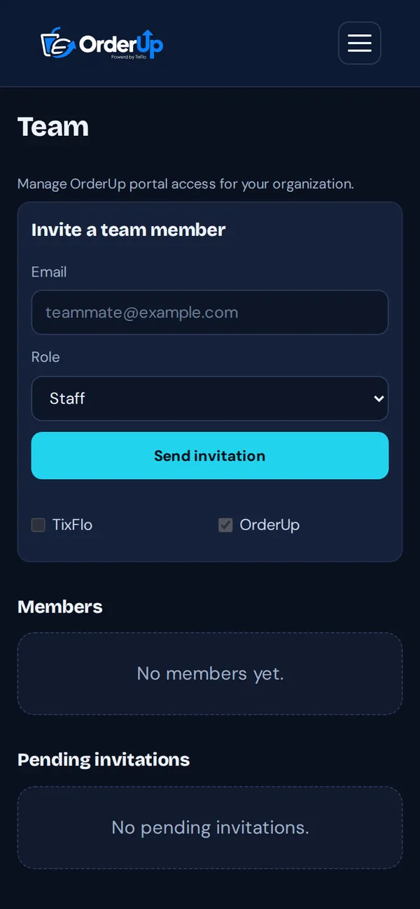 OrderUp Team with Invite a team member, Email, Role and Send invitation