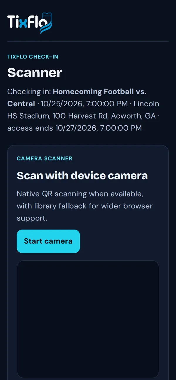 The browser scanner for Homecoming Football vs. Central, with Start camera