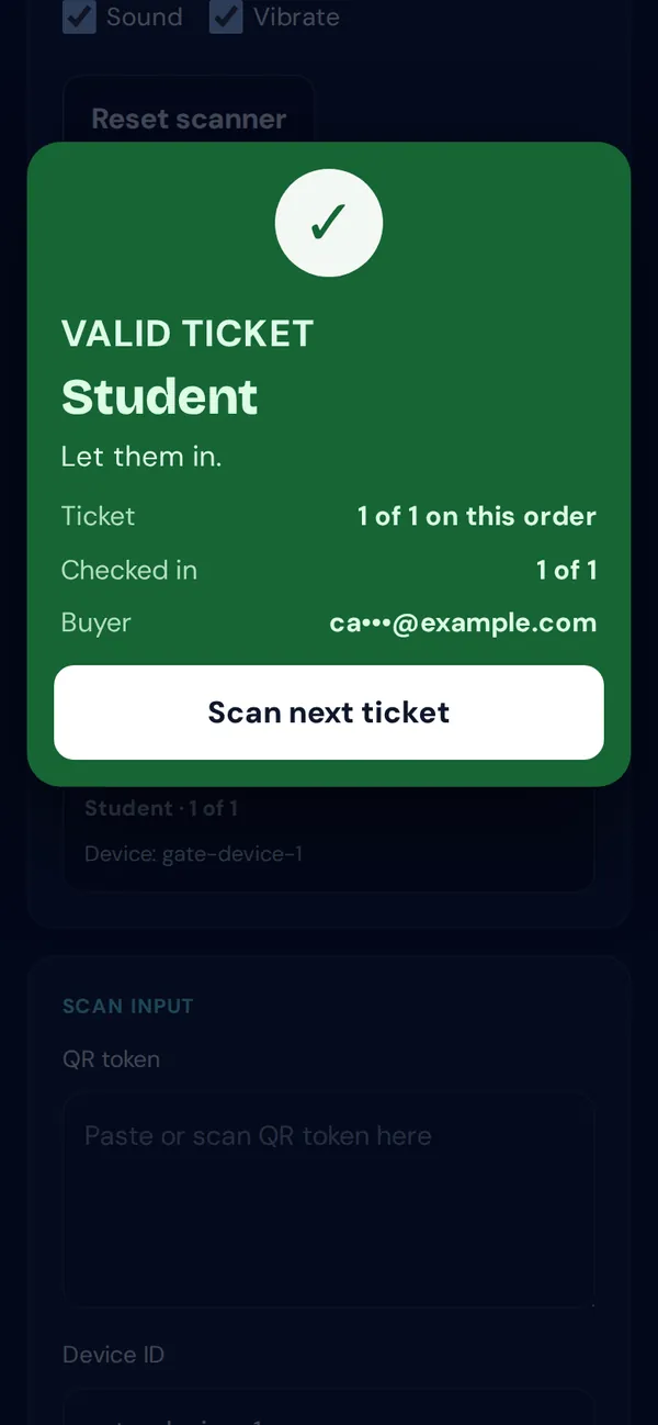 A green VALID TICKET result for a Student ticket, with Scan next ticket