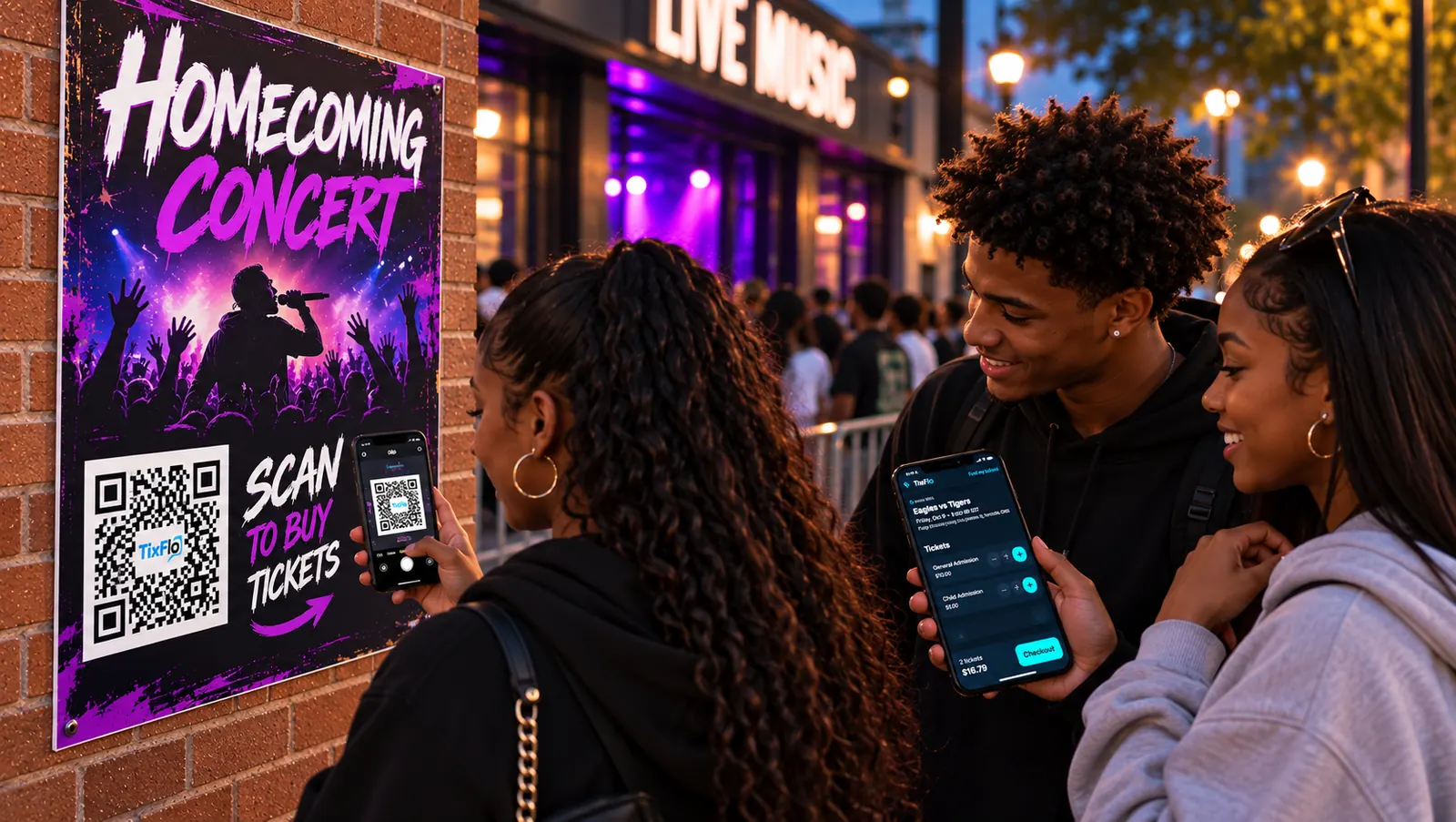 Friends outside a live music venue scanning a concert poster and checking out with TixFlo on their phones.