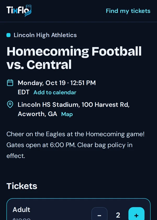 A TixFlo event page on a phone with adult and student tickets selected and a checkout button.