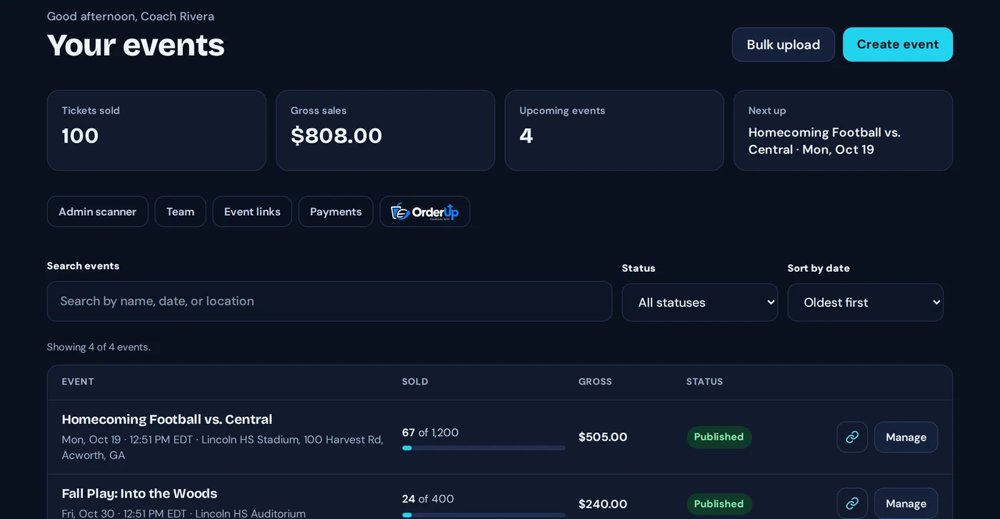 The TixFlo organizer dashboard showing tickets sold, gross sales and a list of upcoming events.