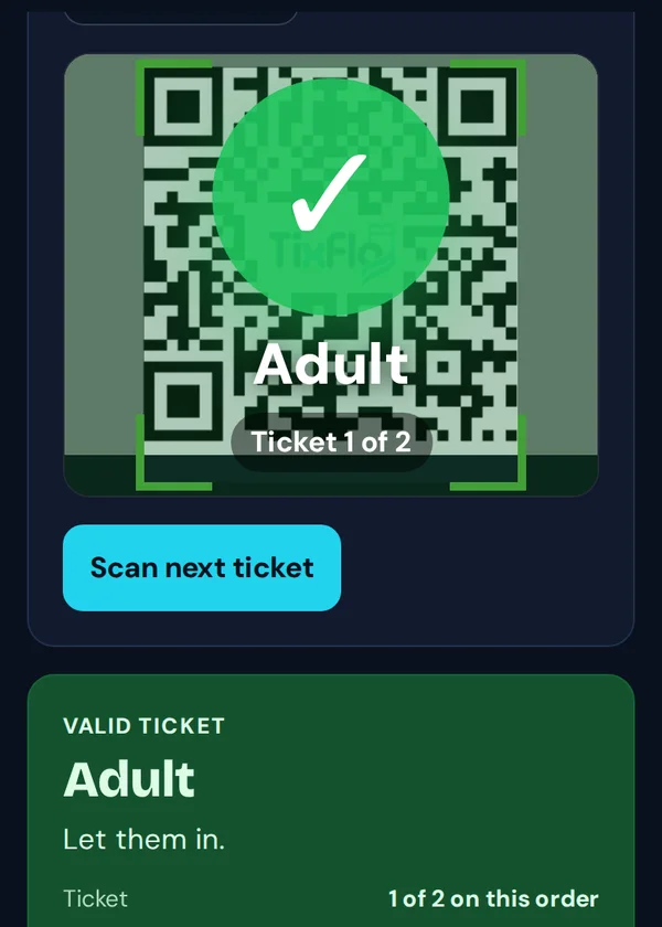 The TixFlo scanner on a phone showing a green check and Valid ticket for an adult ticket.