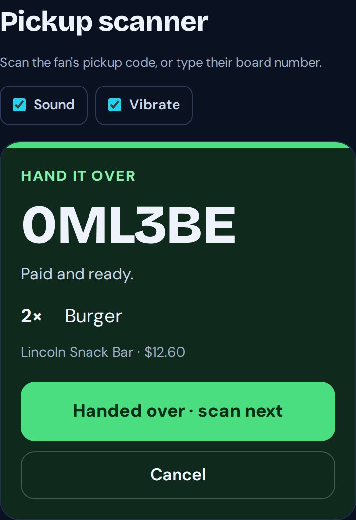 OrderUp pickup scanner showing a green Hand it over result
